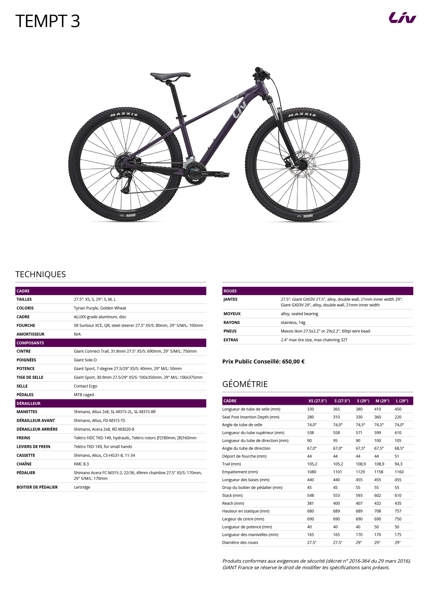 Fiche technique du velo Tempt 3 année 2025